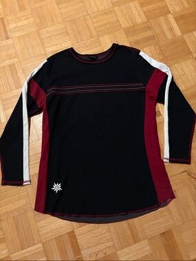 Alp & Rock Black and Burgundy Long Sleeve Crewneck Top with White Stripe